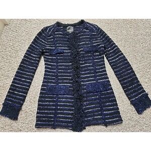 MCGINN USA Coat Jacket Womens Black Blue  Boucle Fringe Dressy Snap Medium